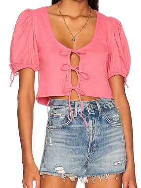 Free People Kitty Tee Velvet Rose Pink Tie Front Puff Sleeve Crop Top L